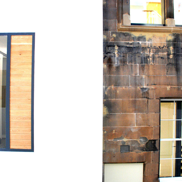 Detail from the Chalmers Sexual Health Centre in Edinburgh which has successfully incorporated a listed stone building within a contemporary facility