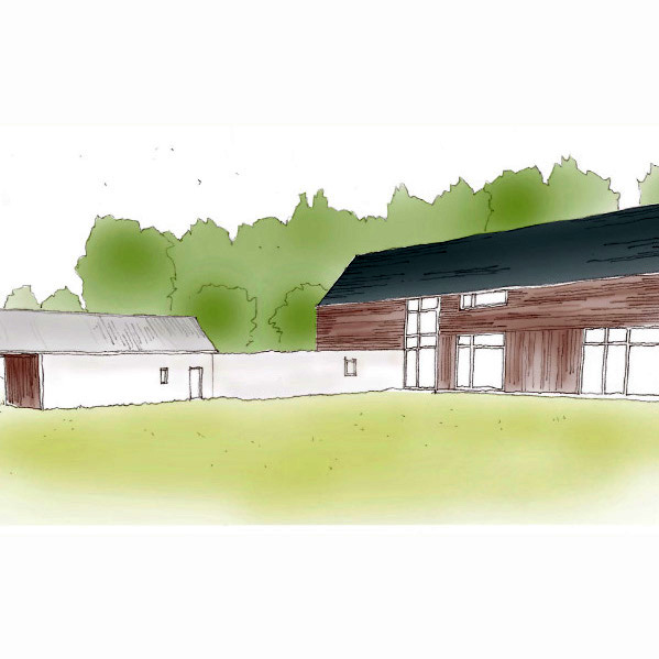 Sketch view of the proposed house with outbuildings