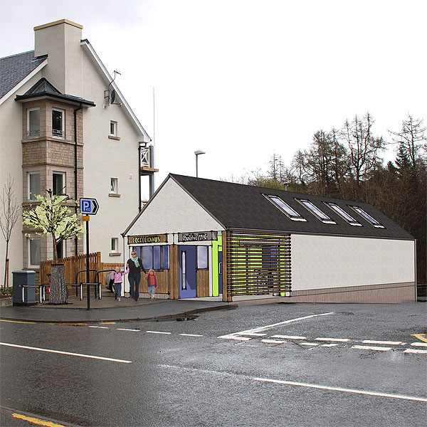 View of Option 1 for the Killin Public Toilets on the site of the new car parking areas, showing a more traditional pitched slate roof